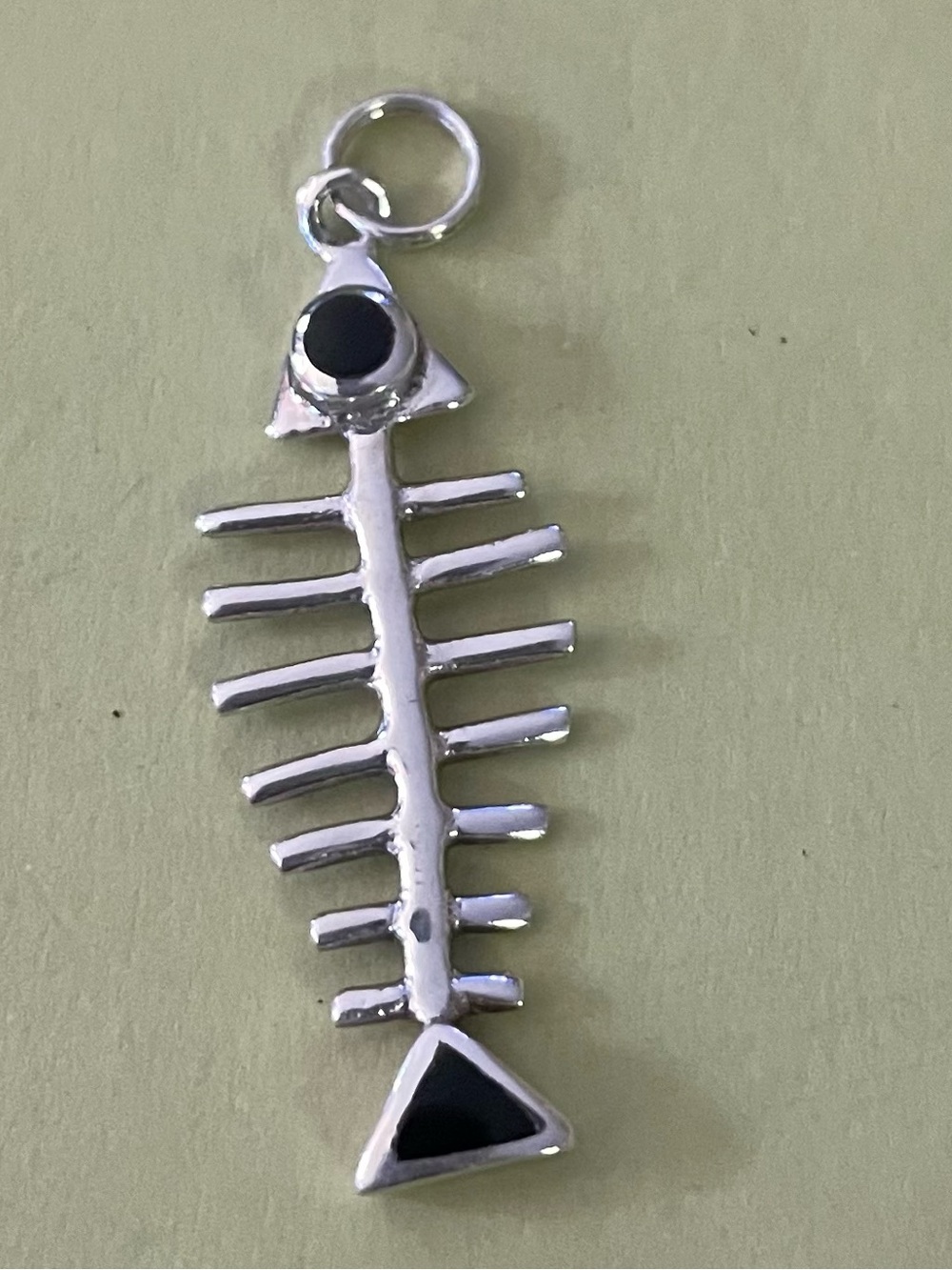 Sterling Silver Fishbone Pendant Charm with Black Onyx